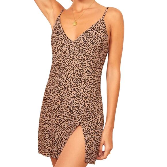 Reformation Marlowe Black Tan Leopard Print Mini Front Slit Dress XS - Picture 1 of 13